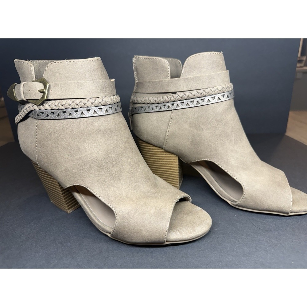 Sabrina Women's Beige Leather Open Toe Ankle Bootie Zip Braided Buckle 10M